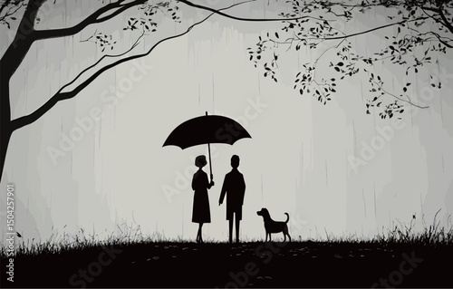 Silhouette of a couple and their dog under an umbrella in a tranquil setting.