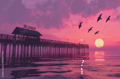 Colorful sunset over a pier with silhouetted birds flying across the vibrant sky.