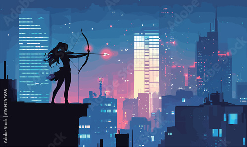 Silhouette of a female archer poised against a vibrant city skyline at dusk.