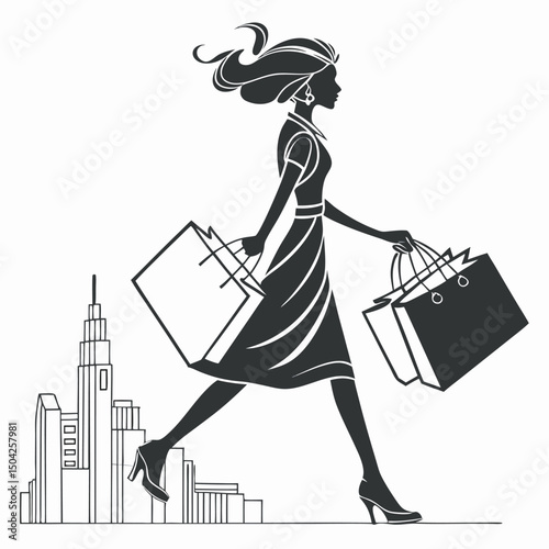 Elegant woman silhouette carrying shopping bags with cityscape background illustration