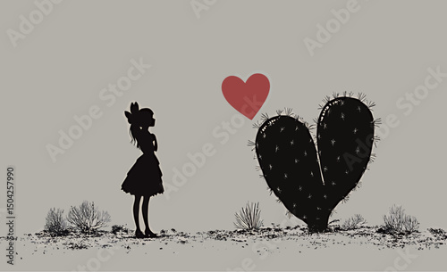 Silhouette of a girl admiring a heart-shaped cactus in a desert scene.