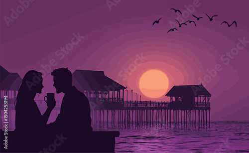 Silhouette of a couple enjoying coffee at sunset by the pier.