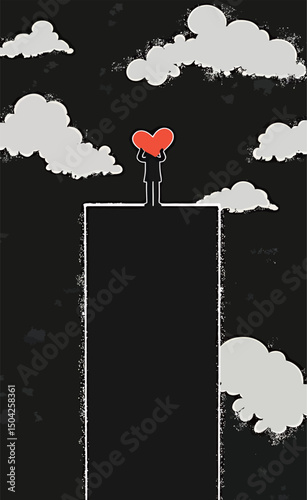 Silhouette of a person holding a heart atop a steep cliff against a dark sky.