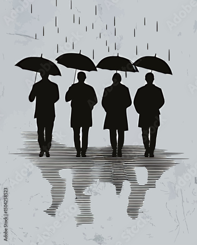 Silhouettes of four individuals with umbrellas standing in the rain, creating a dramatic scene.