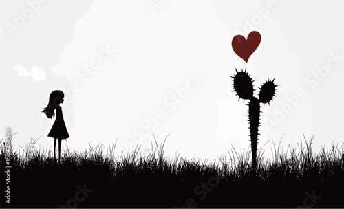 Silhouette of a girl gazing at a cactus with a heart above it, symbolizing love and resilience.