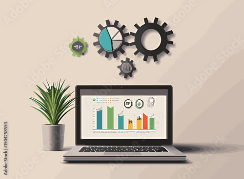 A modern workspace featuring a laptop with charts, gears, and a potted plant.