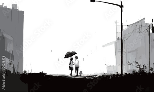 A couple under an umbrella in monochrome, sharing a moment in the rain.