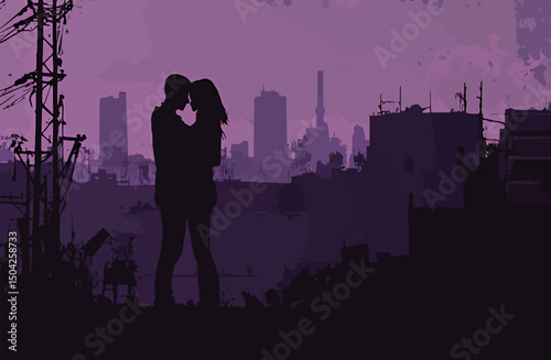 Silhouetted couple sharing a kiss against a vibrant purple city skyline.