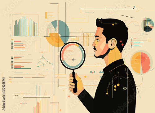 A thoughtful man analyzing data with a magnifying glass against a colorful backdrop.