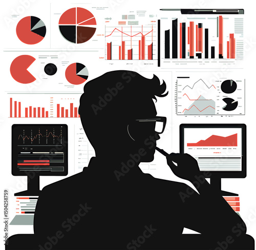 Silhouetted analyst contemplating data with modern graphs and charts in the background.