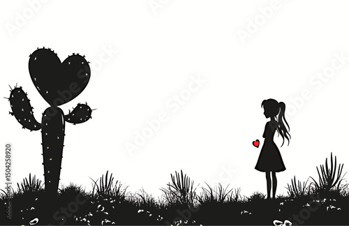 A silhouette of a girl in a heart-shaped cactus landscape.