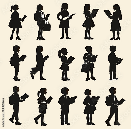 Silhouettes of diverse children engaged in reading and learning activities.