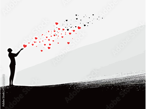 Silhouette of a person releasing red hearts into the air, symbolizing love and positivity.