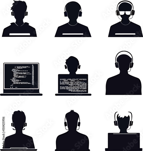 Silhouettes of diverse individuals working with computers and headphones.
