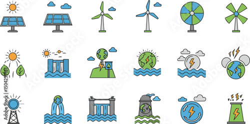 Create a kinds of Power energy icon set, alternative energy symbol Vector art with white background.