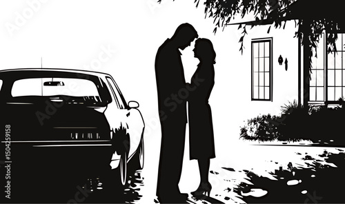 Silhouette of a romantic couple embracing near a vintage car at twilight.