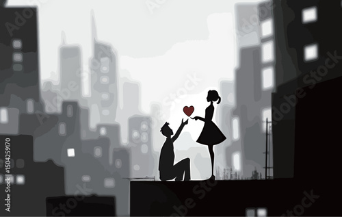 Silhouette of a couple exchanging love in a cityscape setting.