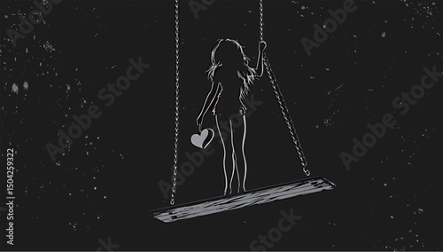 Silhouette of a girl holding a heart while swinging in a dark mood.
