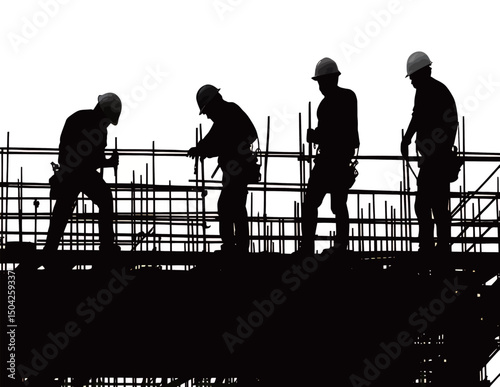 Silhouette of construction workers on scaffolding during sunset.