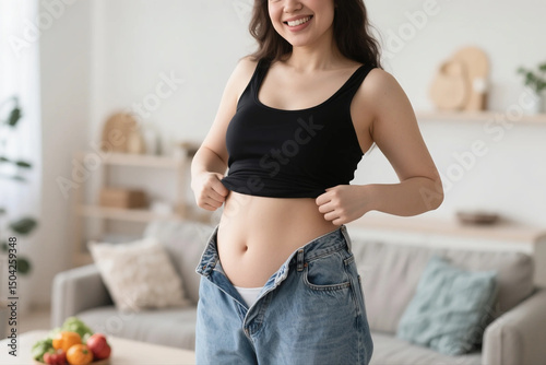 Young Woman Measuring Her Waist, Concerned About Weight Gain