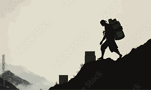 Silhouette of a male hiker navigating mountainous terrain, carrying a heavy load.