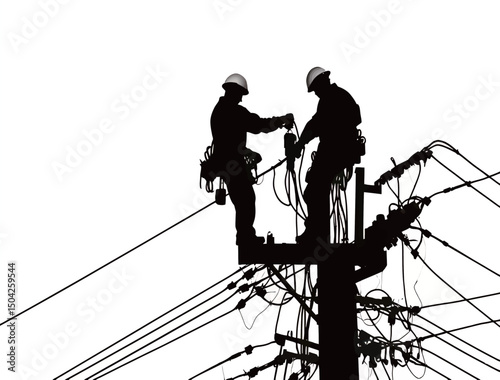 Silhouette of two electrical workers on a power pole, focused on their task.