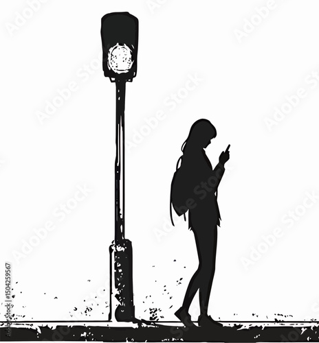 Silhouette of a young woman waiting at a traffic light, lost in thought.