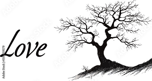 Artistic black tree silhouette with 'Love' text - minimalist design.