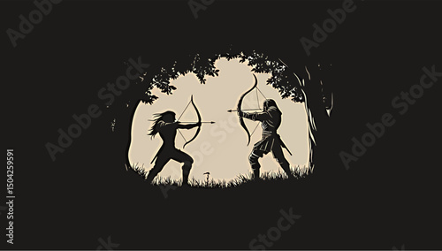 Dynamic duel between a male and female archer in a shadowy forest setting.