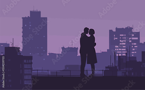 Silhouetted couple embracing against purple city skyline at dusk.