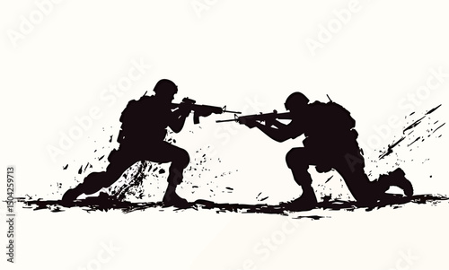 Silhouettes of two soldiers in combat stance, conveying tension and action.