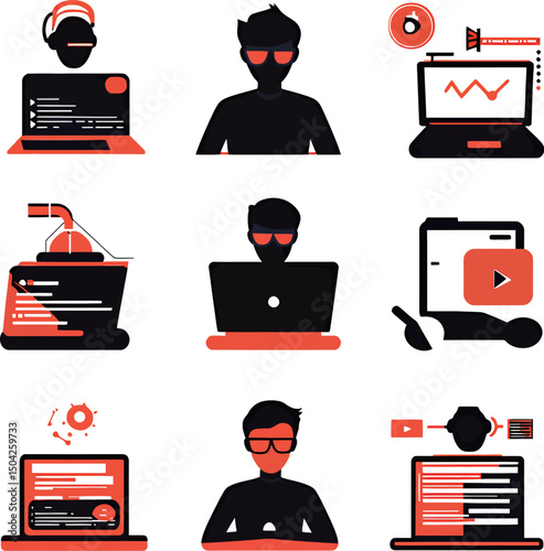 Stylized illustration of a tech-savvy individual engaged in coding and analytics.
