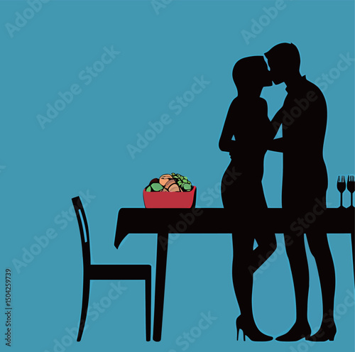 Romantic couple sharing a kiss at a dining table with fresh food on display.