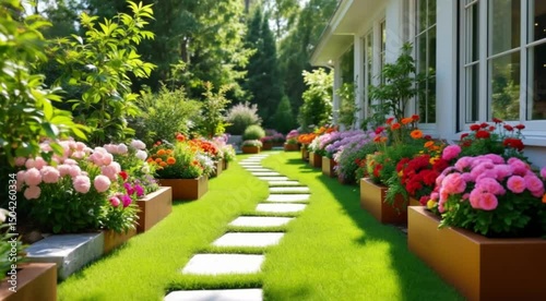 Wallpaper Mural Beautiful garden path flowers blooming house Torontodigital.ca