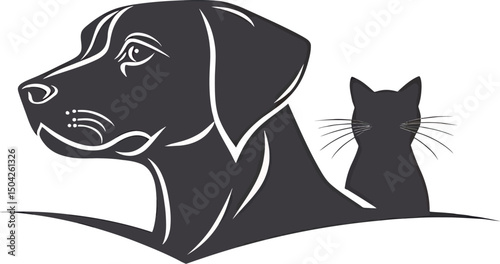Illustration of a dog silhouette with a cat companion, showcasing friendship.