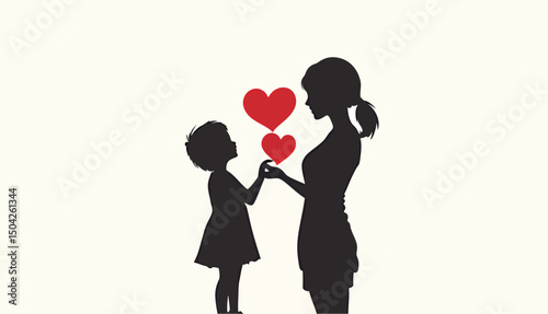 A silhouette of a mother and child exchanging love with heart symbols.