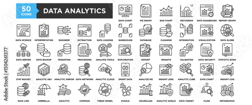50 Data Analytics icon set. Containing design business, analytics, computer, technology, data	