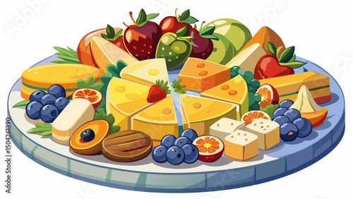 Gourmet cheese varieties are arranged symmetrically on a round platter, complemented by fresh fruit. Set in an elegant studio on a white surface, it showcases culinary arts and gourmet catering.