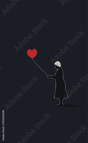 An elderly woman holding a red heart balloon against a dark background.
