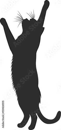 Silhouette of a playful black cat reaching up with a lively demeanor.