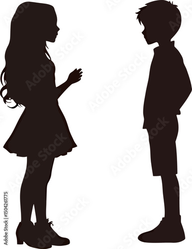 Silhouettes of a girl and boy engaged in friendly conversation.