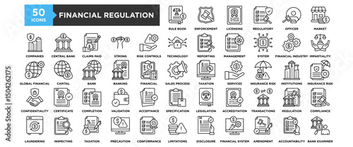50 Financial Regulation icon set. Containing design business, law, regulation, legal, finance	