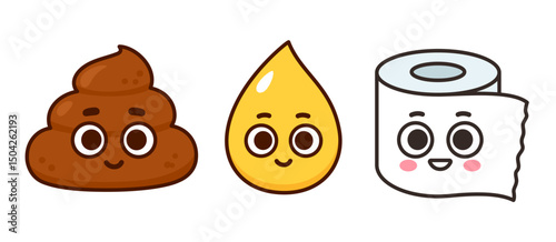 Cute cartoon poop, pee and toiler paper characters, children potty training mascots. Pile of feces, drop of urine and tissue roll with funny faces. Vector clip art illustration set. 