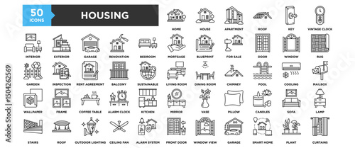 50 Housing icon collection set. Containing design house, home, building, architecture, estate, business, property	