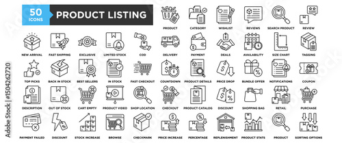 50 Product Listing icon set. Containing design business, marketing, concept, product