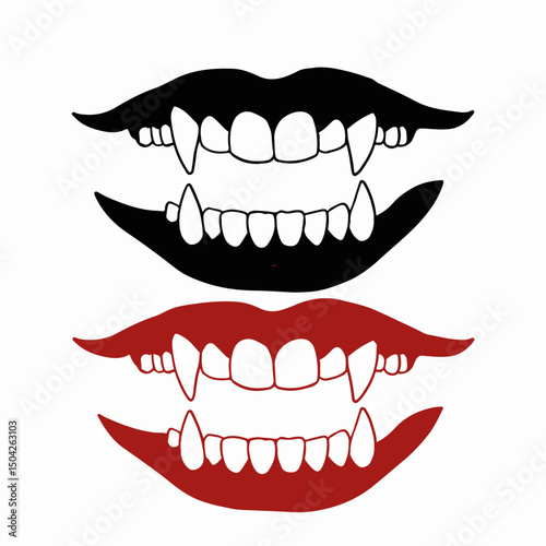 Halloween vampire fangs and lips graphic design. Spooky mouth with sharp teeth and red lips perfect for Halloween party invitations.  Fangs and lips design ideal for creating scary Halloween themed de