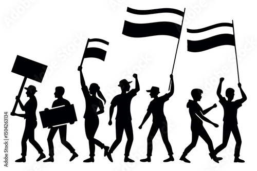 Silhouettes of protestors marching with signs and flags
