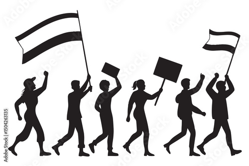 Diverse group of people protesting holding signs and flags