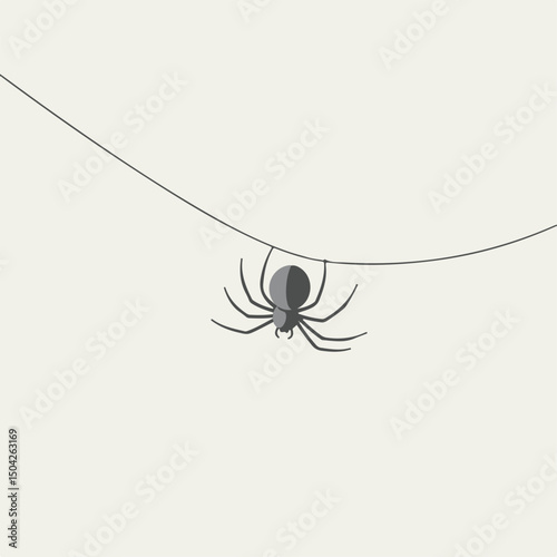 Halloween spider on thin thread hanging upside down.  Simple spider illustration on light background perfect for spooky season cards, invitations or party decorations.  Creepy Halloween design ideal f