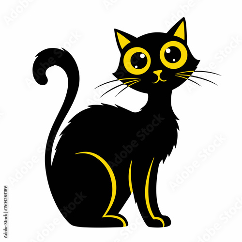 Cute black cat illustration perfect for Halloween greeting cards.  Black cat with big yellow eyes sits and smiles. This adorable feline image is ideal for Halloween or autumn themed designs. This char